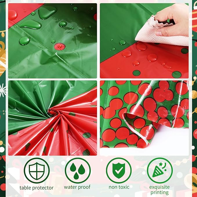Oudain 6 Pcs Red and Green Tablecloth for Parties Plastic Dot Tablecloths Printed Table Runner Waterproof Disposable Rectangle Table Cover for Christmas Birthday Wedding Party, 54" x 108"