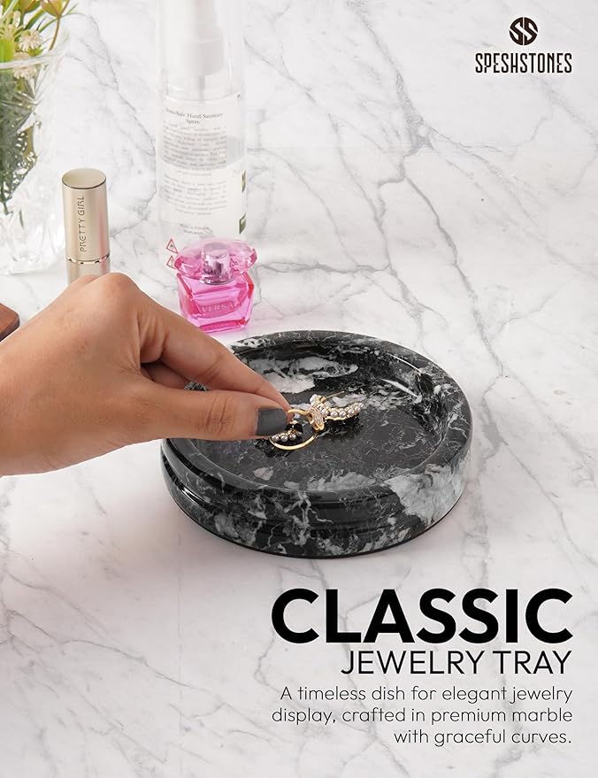 Marble Jewelry Dish 5 Inch Handmade Black Small Trinket Dish, Necklace & Ring Holder for Vanity Decor Accessories, Candle Plate, Key Bowl & Perfume Organzier, Gifts for Women