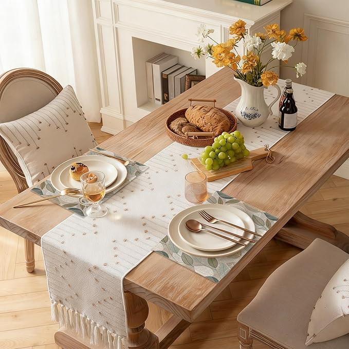 Boho Green Leaves Placemats Set of 6, Seasonal Summer Plastic Linen Washable for Christmas, Thanksgiving, Party, and Dining, Decorative Table Mats for 4-6 Person Table