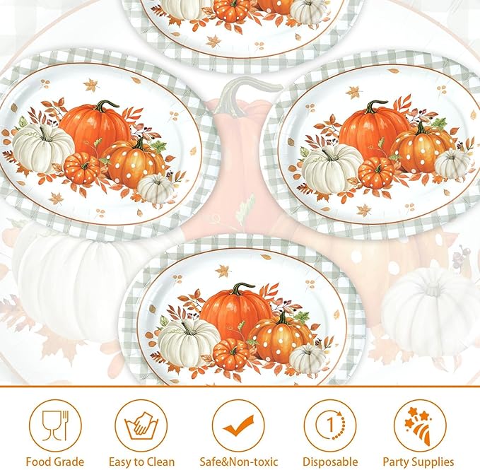 Grencian 50Pcs Fall Oval Paper Plates 10" x 12" Gray Plaid Orange Pumpkin Plate Disposable Fall Pumpkin White Plates Tableware Sets for Thanksgiving Autumn Holiday Dinner Party Supplies Decoration