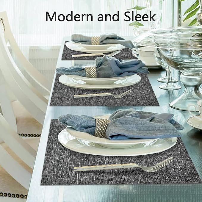 DACHUI Placemats Set of 8, Linen Look Woven Place Mats, Water Resistant, Heat Resistant, Washable, Durable Table Mats (Dark Grey)