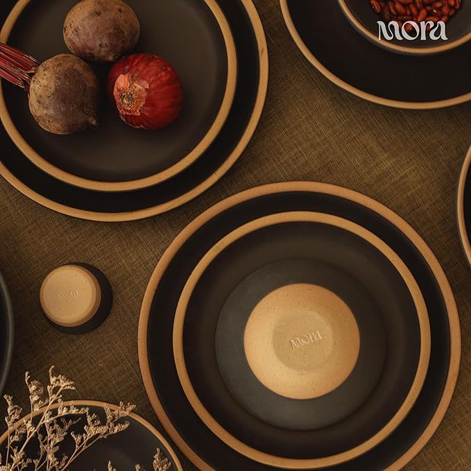 MORA Medium Dishes Set of 4, 30oz Ceramic Pottery Pasta Plate/Wide Bowls - Microwave, Oven and Dishwasher Safe - Liquorice