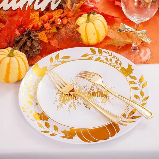 Ciaell 125PCS Thanksgiving Plastic Plates - Fall Pumpkin Disposable Plates White and Gold Heavy Duty Dinnerware Set include 25Dinner Plate, 25Desset Plate, 25Knives, 25Forks, 25Spoons for Thanksgiving