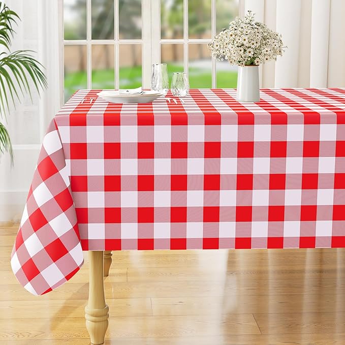 misaya Rectangle Waterproof Vinyl Table Cloth, Buffalo Flannel Backed Tablecloth, Wipeable Plastic Table Cover for Valentine's Day, Dinner, Kitchen, Outdoor (60" x 102", Red and White)