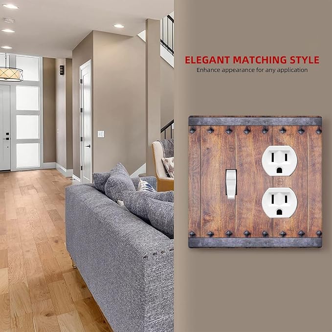 Light Switch Cover Plate Rustic Farmhouse Barn Door Vintage Wood 2 Gang Decorative Switch Plates 1 Toggle Duplex Combo Outlet Covers GFCI Wall Plates for Bathroom Cabin Decor