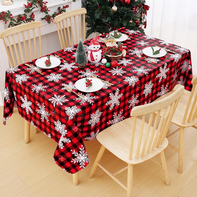 Smiry Christmas Rectangle Table Cloth, Waterproof Vinyl Tablecloth with Flannel Backing, Wipeable Bufflo Checked Snowflake Plastic Tablecloths for Christmas Table Decorations, (52"x70", Black & Red)