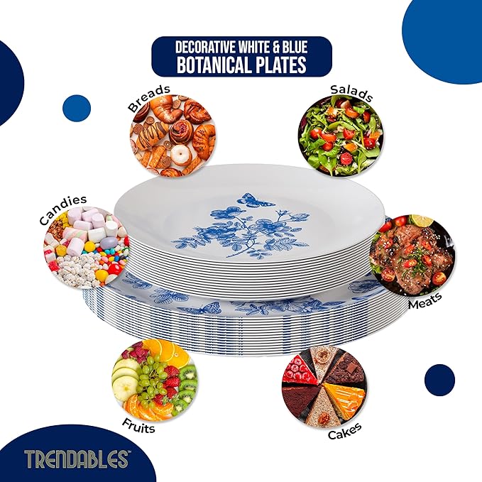 Trendables Disposable Plates For Party Supplies | Blue Floral Plastic Plates For Wedding 200 Pcs - 100 X 8 & 100 X 10 Dinner Plate Sets | Floral Plate Set Disposable Plastic Dinnerware Sets