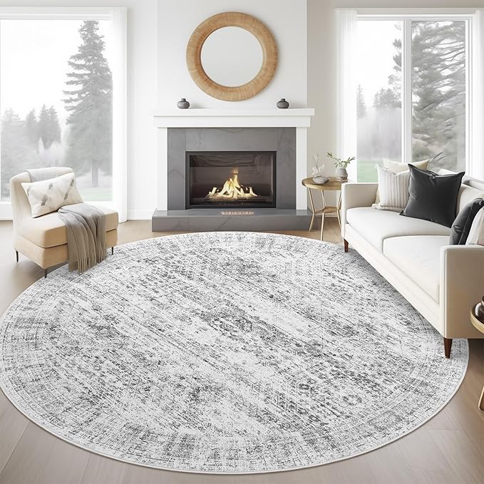 9x9 Grey Round Rug 9ft Living Room Circle Rug Vintage Round Area Rug Non Slip Indoor Carpet for Apartment