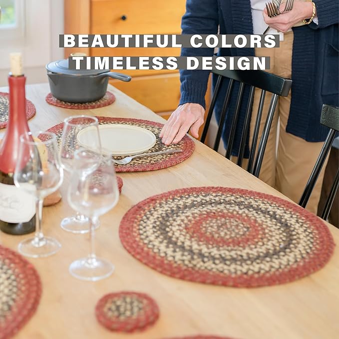 Homespice Chester Jute Braided Dinner Table Runner, Rustic Lodge Decor, Set of 2, Red Rectangle 8x28 - Rich Colors, Easy to Clean, Durable and Protects Furniture