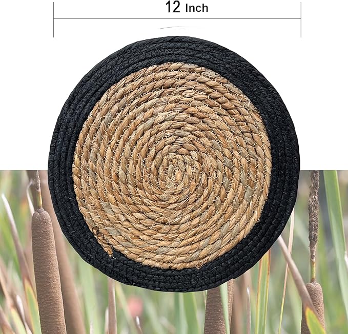 ANDSTAR Round Woven Placemats Set of 4, 12"x12", Natural Wicker Placemats, Water Hyacinth Straw Braided Placemats,Boho Place Mats for Farmhouse, Rustic Table (Water Hyacinth + Black Cotton Rope)