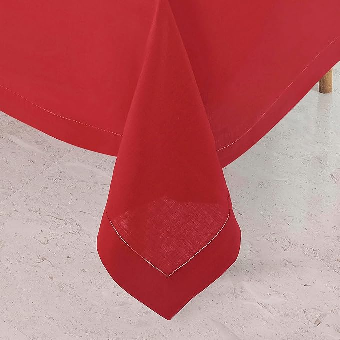 D'Moksha Homes Bright Red Linen Tablecloth for Rectangle Tables 60 x 132 Inch - 100% Pure Linen Red Table Cloth - Classic Hemstitch, Machine Washable Dining Tablecloth for Valentines, Spring, Easter