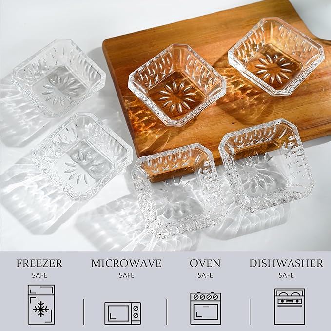 kanpura Mini Glass Bowls, Square Prep Bowl, Dishwasher Safe, Pinch Bowls for Dipping Spices Sauce, Stackable, 1.8 oz, Set of 6, (Clear)