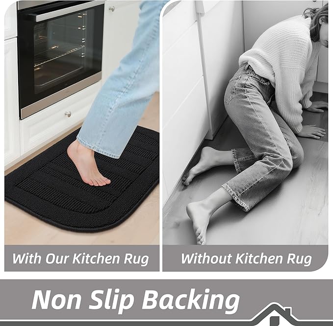 BEQHAUSE 24x40 Inch Kitchen Rug Mat Durable Kitchen Rugs Non-Slip Washable Absorbent Kitchen Mats for Floor Dirt-Resistant Semicircular Kitchen Mat (Black)