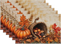 Fall Pumpkin Placemats Set of 6, Autum Mushroom Leaf Linen Place Mat Washable Stain Resistant Table Mats for Farmhouse Kitchen Dining Party Wedding Decor 12x18 Inch