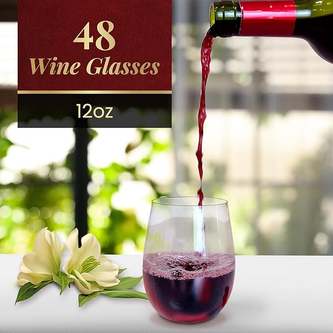 Reli. Disposable Wine Glasses (48 Pack, 12oz) Plastic Stemless Wine Glasses Disposable | Clear and Stemless for Parties, Cocktails, Whiskey, Weddings | Shatterproof
