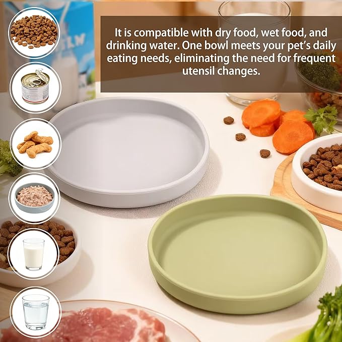 Silicone Cat Bowl Shallow Non-Slip Cat Dishes Relief Whisker Fatigue Small Pet Dog Bowls for Dry & Wet Food, Set of 2