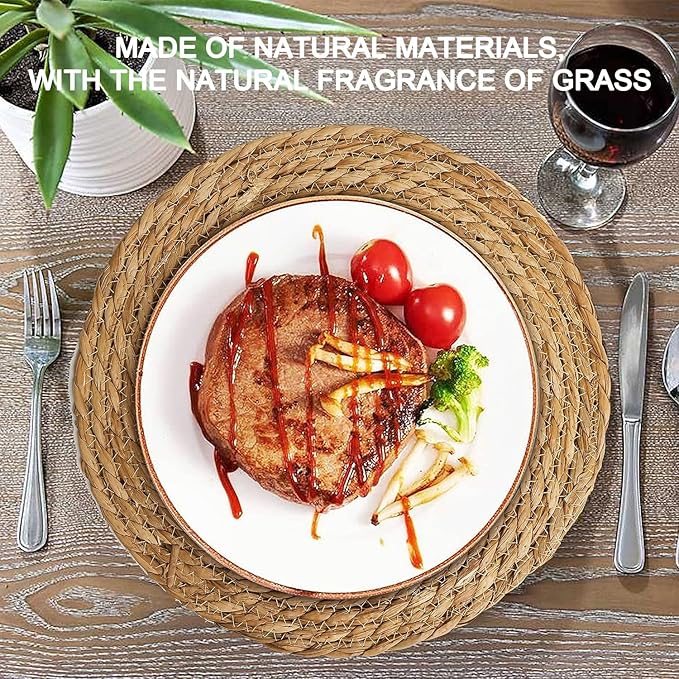 Defined Deco Woven Placemats Set of 10, 13" Round Rattan Placemats,Natural Hand-Woven Water Hyacinth, Farmhouse Weave Place Mats, Rustic Braided Wicker Table Mats for Dining Table, Home, Wedding