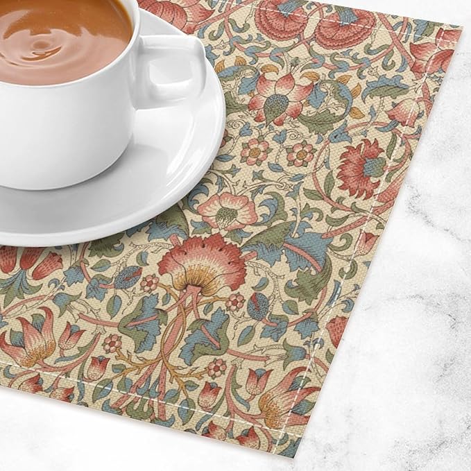 William Morris Placemat Set, Beige Blue Pink Retro Rustic Art Exotic Ethnic Lotus Floral Seamless Pattern Home Decor Linen Table Mats for Dining Room Kitchen Party (17x12in) x4P