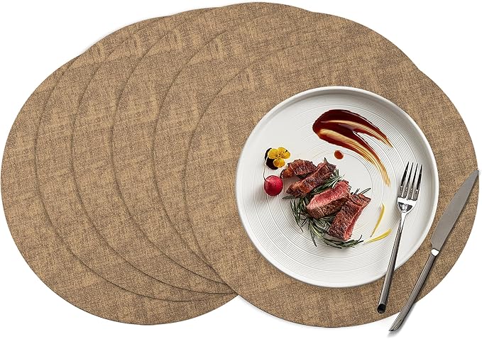 15 inch Faux Leather Round Placemats Set of 6 Non-Slip Washable Wipeable Table Mats, Heat Resistant Waterproof Oilproof Brown Place Mats for Kitchen, Dining, Party, Indoor, Outdoor