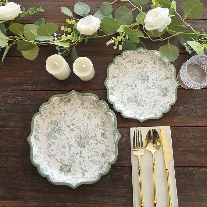 50 Pack 8" Sage Green Dessert Plates in French Toile Floral Pattern, Disposable Round Paper Appetizer Salad Plates 300 GSM for Party Decoration