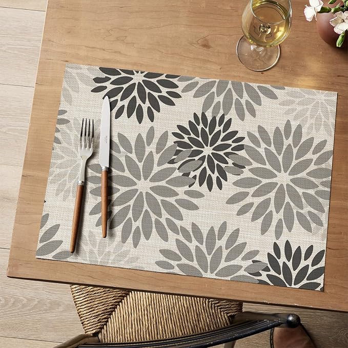 Artoid Mode Floral Vinyl Placemats Set of 6, Heat Resistant Washable Non-Slip Plistic PVC Place Mats for Halloween Party Kitchen Dining Decor, Gray