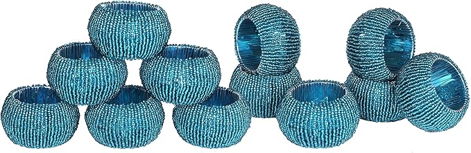 Teal Napkin Ring, Napkin Rings Set of 12, Beaded Napkin Holders, Fall Napkin Rings Bulk for Christmas Party Decoration, Dinning Table, Everyday, Family Gatherings - Set Your Table with Style - Teal