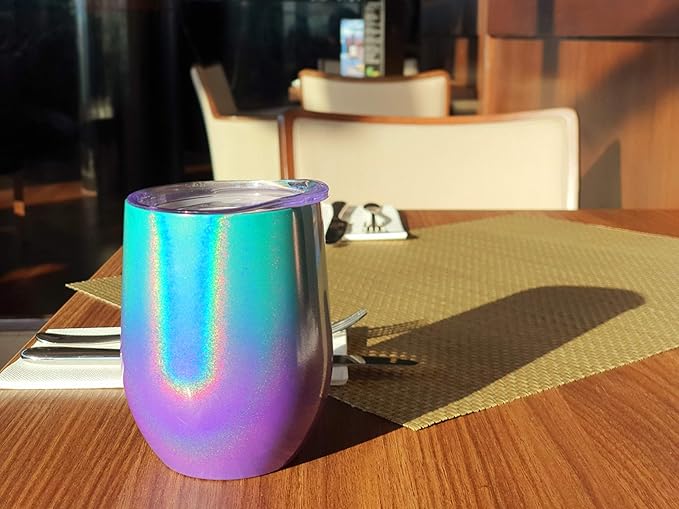 CHILLOUT LIFE 12 oz Stainless Steel Wine Tumbler with Lid - Double Wall Vacuum Insulated Wine Cup Glass Keeping Cold & Hot for Coffee, Champagne, Cocktails, Ice Cream - Mermaid Sparkle