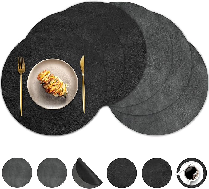 Round Placemats and Coasters Set of 6, Washable Reversible Faux Leather Placemats Cowhide Pattern Place Mats Wipeable Non-Slip 15 inch Round Kitchen Dining Table Mats (Gray Black, 6)