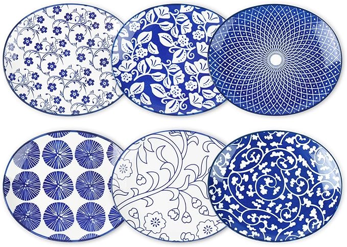 Selamica Small Dinner Plates, Oval Dessert Plates Ceramic, 6 Inch Small Plates for Appetizer, Cake, Snacks, Microwave Dishwasher Safe, Set of 6, Vintage Blue