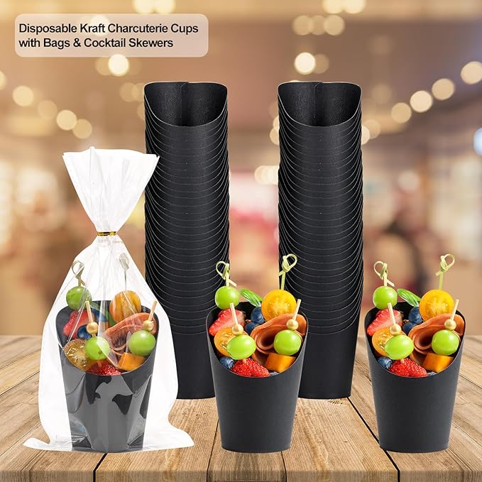 Disposable Charcuterie Cups 120 PCS with 200PCS Sticks and 120PCS Bags, 14 oz Kraft Paper Snack Boxes Appetizers Cup French Fry Holder with Cocktail Skewers Toothpicks Tooth Picks, Black