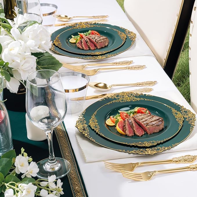 Nervure 100PCS Green and Gold Plastic Plates - 10.25inch Green Disposable Plates - Heavyweight Dinner Plate for Wedding & Party