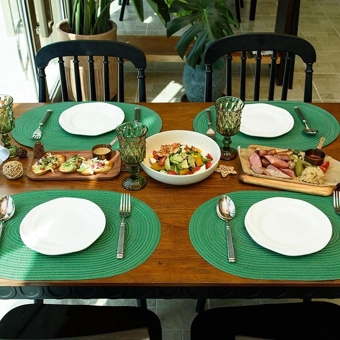 Noctiflorous Oval Braided Placemats Set of 8 Woven 12x18 Inch Non Slip Washable Heat Resistant Place Mats Round Tablemats for Dining Kitchen Party Daily Table Decor Dinner Mats (Green Shine, 8)
