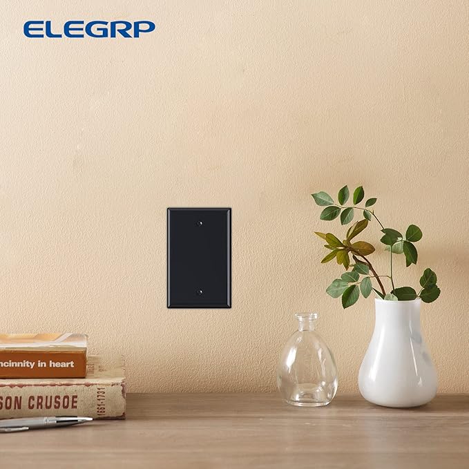 ELEGRP 1-Gang Blank Device Wall Plates, Mid-Size 4.88" H x 3.13" L Unbreakable Thermoplastic Blank Faceplate Cover for Unused Outlets/Switches, UL Listed (1 Pack, Glossy Black)