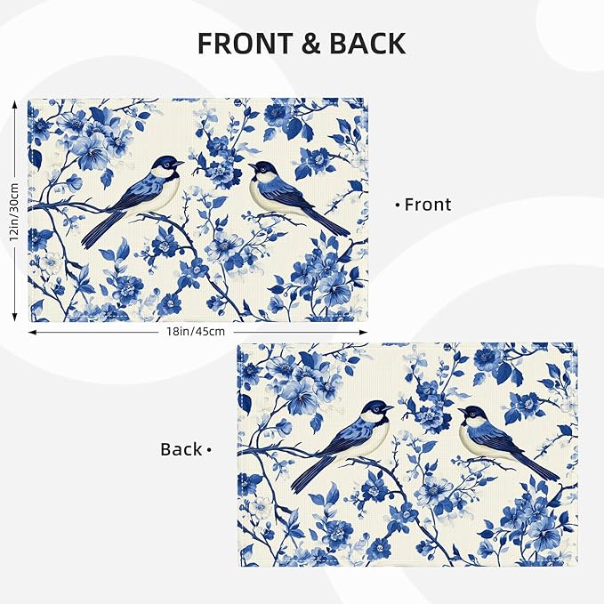 Flower Bird Placemats Set of 4, Blue Birds Place Mats,Blue and White Floral Waterproof Washable Table Mats for Home Party Indoor Kitchen Dining Table Decoration 12x18 Inch