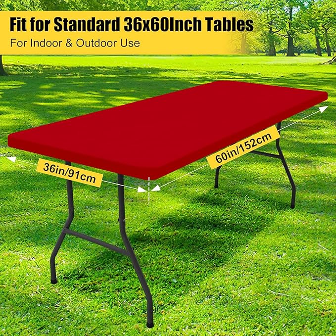 Smiry Rectangle Picnic Table Cloth, Waterproof Elastic Fitted Tablecloths for 5 Foot Tables, Washable Polyester Table Cover for Camping, Indoor and Outdoor (Red, 36"x60")
