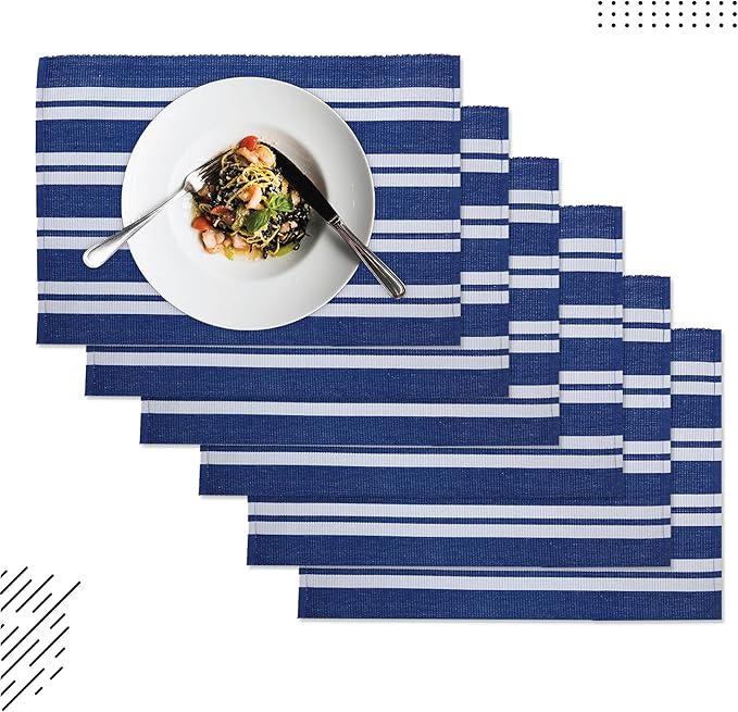 Encasa XO Dining Placemat Set of 6 | Franca Blue Stripes Color | Fine Ribbed Cotton Table mat | Size 19x13 in | Machine Washable