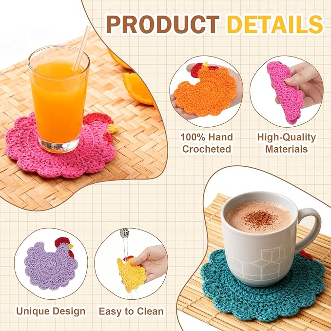 Funny Chicken Coasters Set of 4, Handmade Crochet Farmhouse Style Drink Coasters, Cute Knitted Desk Accessories for Home Decor, Unique Housewarming Gifts (Style B)