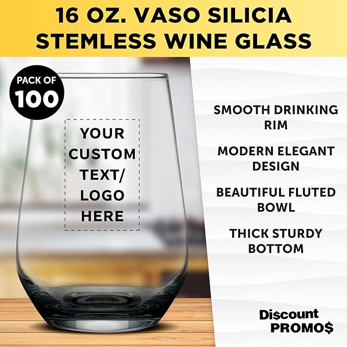 DISCOUNT PROMOS 100 Vaso Silicia Stemless Wine Glasses Set, 16 oz. - Personalized Text, Logo - Clear, Orb-Like, Thick base - Black