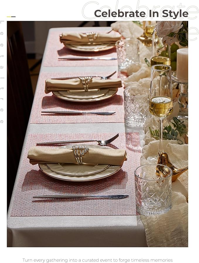 Leetaltree Luxury Pink Iridescent Placemats Set of 8 - Waterproof Washable for Wedding, Anniversary, Festive and Daily Use - Sparkling Table Mats Table Decor - Hand-Cut