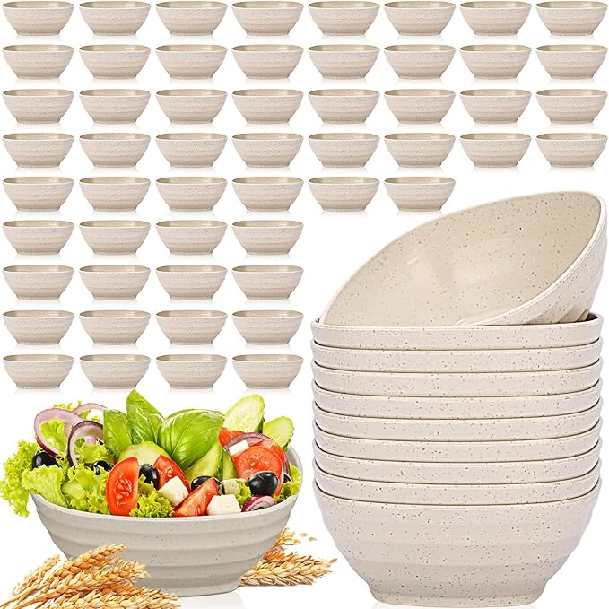 Gejoy 64 Pcs Unbreakable Cereal Reusable Wheat Straw Lightweight Bowls Microwave and Dishwasher Safe Soup Fiber Bowls for Kitchen Serving Salad Rice Snacks(Beige)