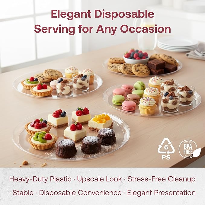 Smarty Had A Party 14 Inch Clear Round Plastic Serving Tray – Elegant Party Platters & Plastic Serving Trays for Catering, Weddings & Buffets, Heavy-Duty Disposable Serving Platters – Set of 25