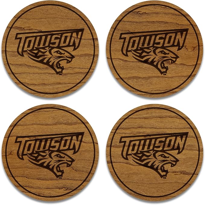 LazerEdge Wooden Coaster Set - 120+ University Designs Hand Crafted from Cherry Wood - Officially Licensed Product - 4-Pack (Towson Tigers)