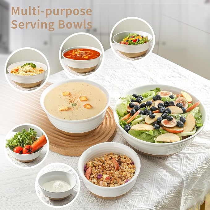 HASENSE Ceramic Mixing Bowls, Large Serving Salad Pasta Bowls Set, 2.1/1.0/0.5 Qt for Entertaining, White Nesting Batter Bowls for Prepping Baking, Dishwasher Microwave Safe, Set of 3