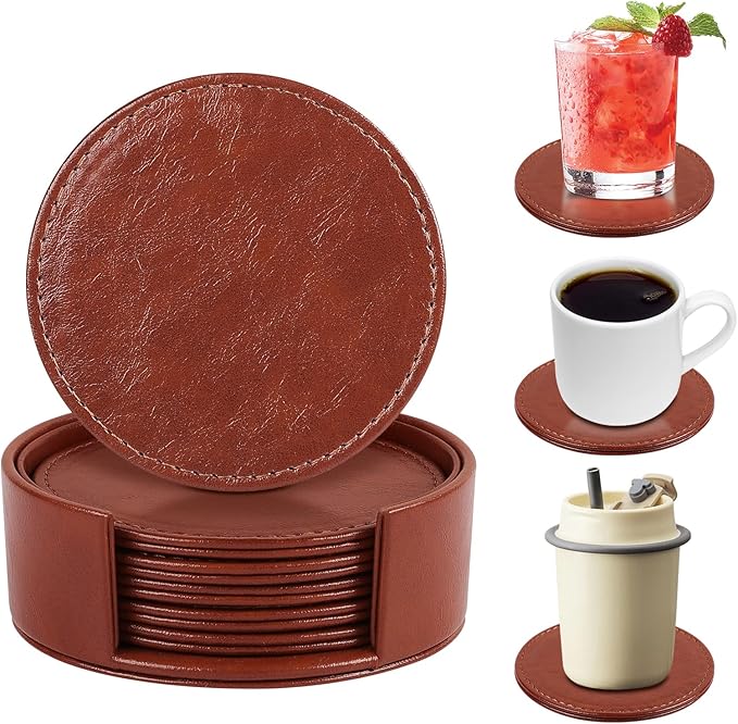 6 Pcs Premium Leather Coasters with Holder, Tabletop Protection, Coffee Table & Bar Decoration, Modern-Style Drink Coasters Suitable for Home Dining Tables & Kitchen Accessories (Brown)