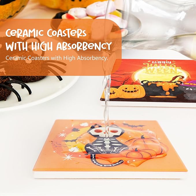 Halloween Coasters Absorbent Ceramic Coaster for Drinks with Black Holder and Cork Base Set of 4, Square Decorative Coffee Table Decor for House Warming Gifts New Home