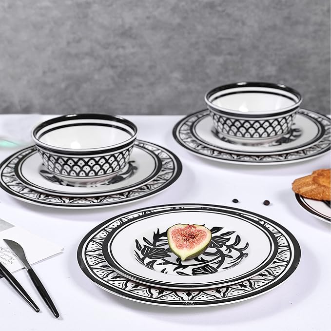 Melamine Dinnerware Sets-12pcs Melamine Plates and Bowls Set, Unbreakable, Dishwasher Safe, Indoor Outdoor Use, Ideals for Parties, Camping Dish Set, Black and White Pattern