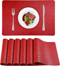 Faux Leather Placemats Set of 6, Washable Place Mats, Wipeable Waterproof Oil-Proof Heat Resistant Table Mats, Non-Slip Vinyl Placemats Rectangular Place Mat for Table Indoor Outdoor (Red)