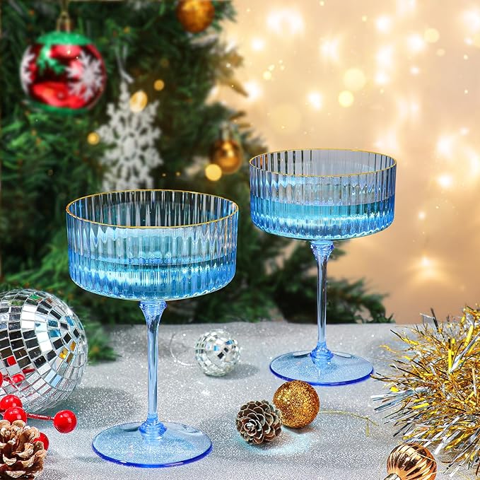 XUWAIDSGN 50 Pcs Champagne Martini Glasses 9 Oz with Gilded Removable Gold Rim Coupe Glasses Pink Martini Glasses Plastic Mimosa Vintage Coupe Glasses Set For Wedding Anniversary (50, Clear Blue)