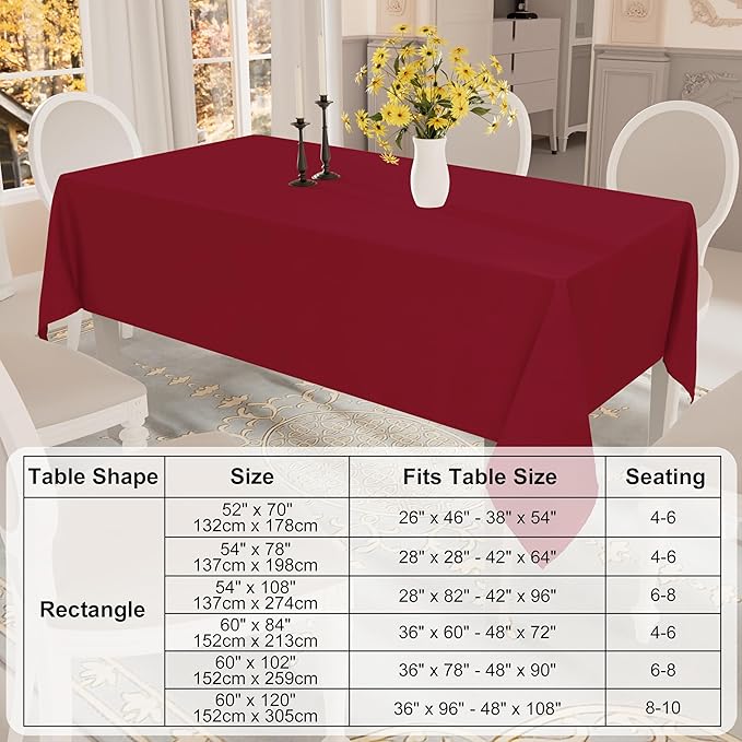 Smiry Rectangle Table Cloth, Waterproof Anti-Scratch Polyester Tablecloth, Decorative Washable Fabric Table Cover for Dining, Buffet, Parties and Outdoor, 60x102, Wine Red
