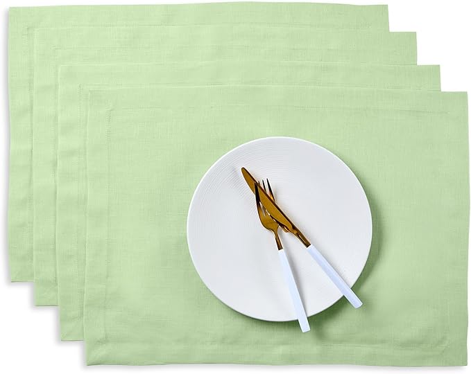 Solino Home Linen Cloth Placemats Set of 4-100% Pure Linen Pastel Green Placemats 14 x 19 Inch for Spring, Easter, St Patricks Day - Fete